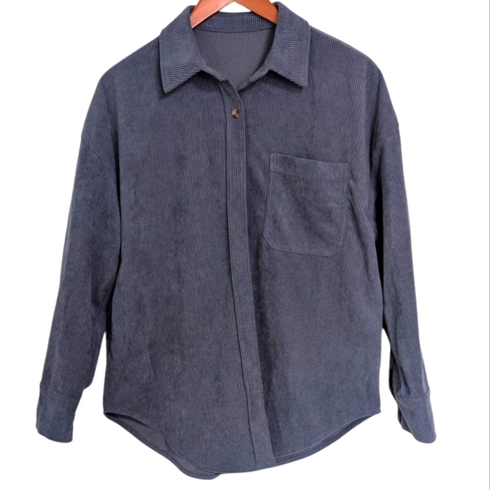 Dark Grey Blue Corduroy Long Sleeve Button Up Shirt Size Small